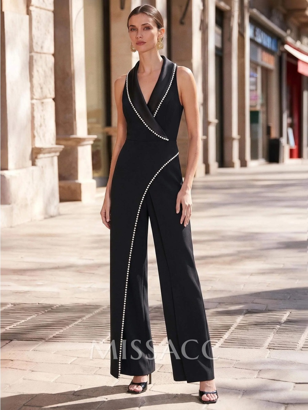 Adrianna Papell Black Sleeveless V-Neck Jumpsuit with Pearl Trim